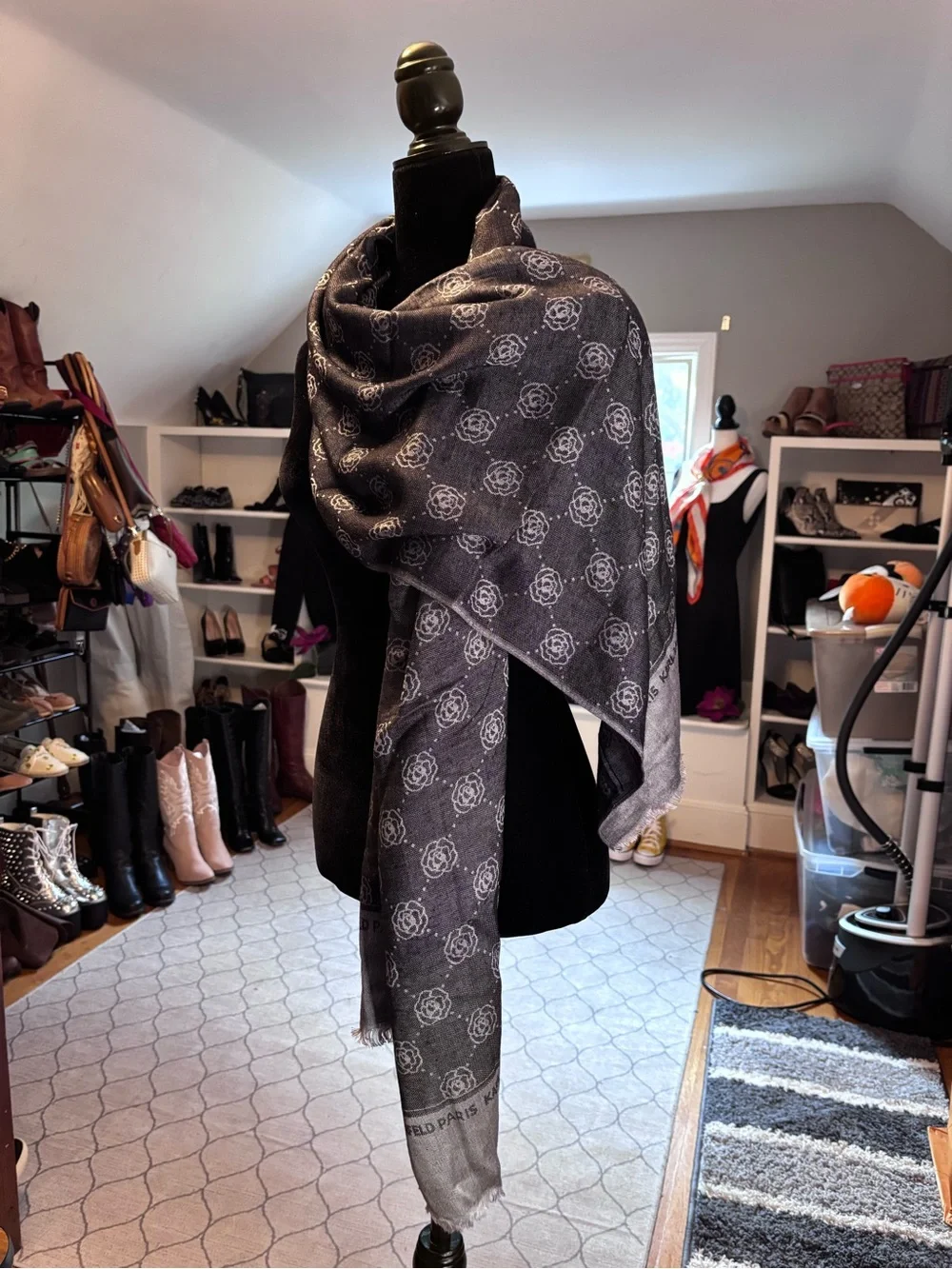 Karl Lagerfeld Paris Monogram Rose Print Oversized Wrap Scarf Gray Black Fringe